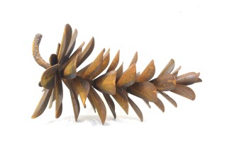 This pop art-inspired steel indoor sculpture of a pine cone is by Floyd Elzinga.