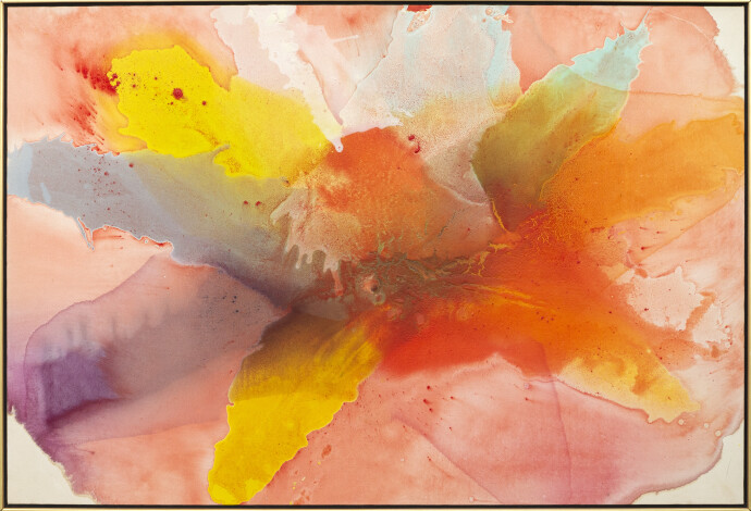 Harold Feist’s gloriously colourful acrylic abstract painting called Chanson radiates joy.