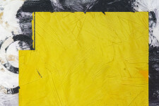 An angled shape in canary yellow floats on a ground of dove grey and black in this mixed media abstract composition. Image 4