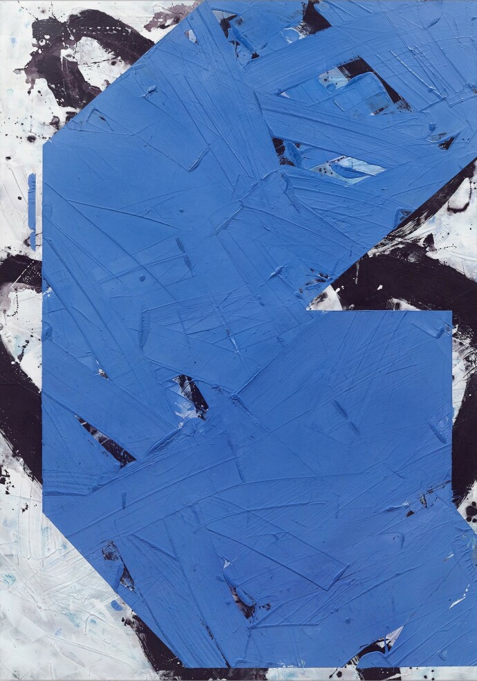 This mixed media contemporary abstract painting in a vivid blue colour is by a Canadian artist.