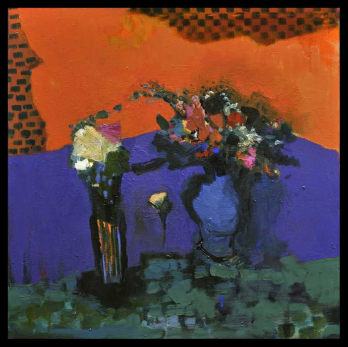 Vibrant orange, purple, and green hues typical of this master of still life abstraction.