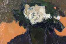 Creamy coloured flowers against a dark green and orange background, with a patch of pink in front in this evocative sophisticated oil compos… Image 4