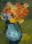 A bouquet of luminous flowers in brilliant orange, gold, blue and violet in a bright turquoise vase pop from the dark green canvas in this g… Image 3