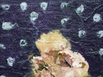 A bouquet of peach flowers is set against an indigo sky dotted with silver stars in this intimate oil painting by Jennifer Hornyak. Image 7