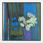 Foliage and a single pink flower are framed by textured shapes of verdant green and cerulean in this sophisticated composition by Jennifer H… Image 2