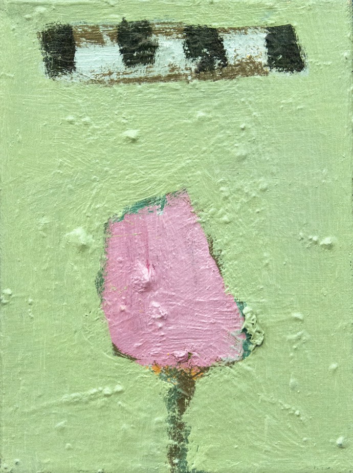 A textured ground of light apple green frames a soft pink tulip in this intimate still life composition by Jennifer Hornyak.