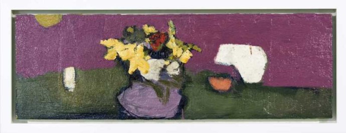 A bouquet of yellow in a vase of mauve sits in a landscape of forest green and magenta in this delightful oil by Jennifer Hornyak.