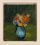 A bouquet of luminous flowers in brilliant orange, gold, blue and violet in a bright turquoise vase pop from the dark green canvas in this g… Image 2