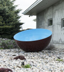 A large stainless steel bowl is coated in a rich cerulean blue by sculptor Marlene Hilton Moore. Image 2