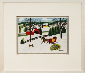 This folk art painting of a winter scene by Maud Lewis features a dog.