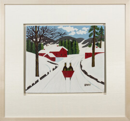 This folk art painting of a red sleigh in winter is by Maud Lewis.