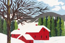 This folk art painting of a red sleigh in winter is by Maud Lewis. Image 5