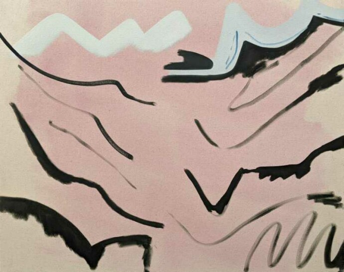 Blush pink, white and black calligraphic marks dance across the canvas in this dynamic abstract painting by Mel Davis.