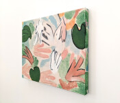 Flowers—rendered in simple shapes and soft colours—rosy pink, sky blue, pale yellow and deep green fill the canvas in this abstract painting… Image 3