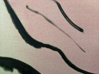 Blush pink, white and black calligraphic marks dance across the canvas in this dynamic abstract painting by Mel Davis. Image 3