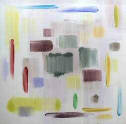 This large modernist abstract colorful acrylic painting was created by Milly Ristvedt.