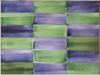 A Canadian artist created this abstract painting, its geometric pattern in green and indigo blue.