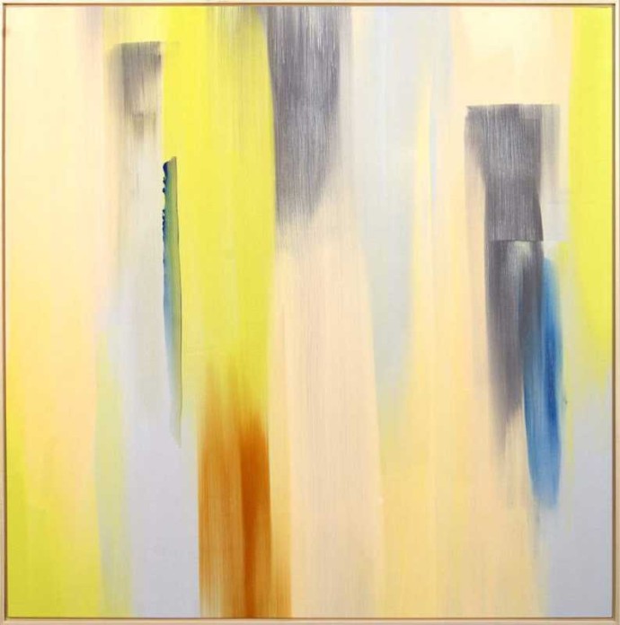 Lime green washes bleed into soft yellow, pink, grey, and baby blue in this wet-in-wet painting by Milly Ristvedt.