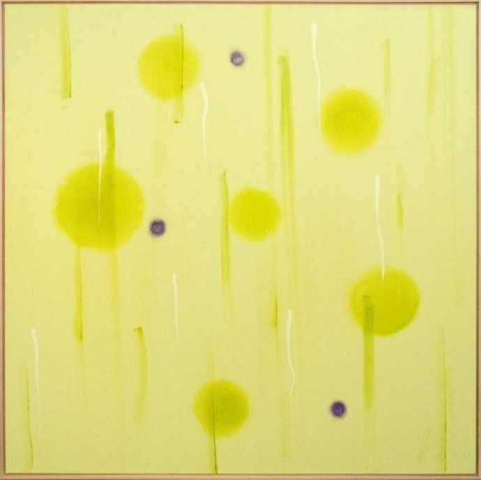 Drops of violet balance the movement of luminous yellow orbs in this elegant composition by Milly Ristvedt.