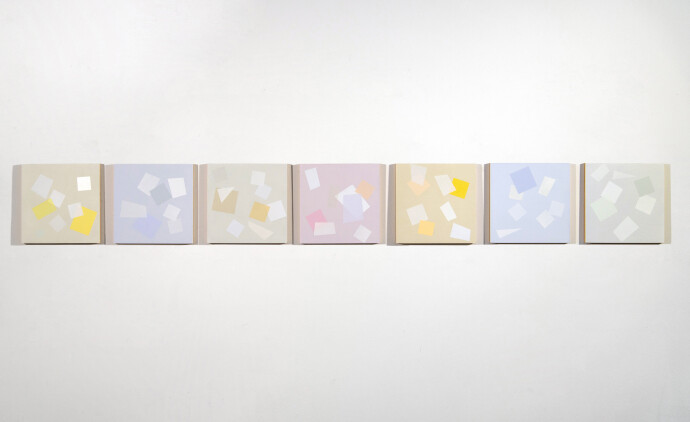 This grouping of seven geometric abstract paintings is by Canadian artist Milly Ristvedt.