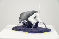 A cast resin figurine of a hound who has hunted a fox, which in turn has hunted a goose is patinated in indigo, black and white by emerging … Image 6