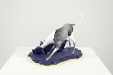 A cast resin figurine of a hound who has hunted a fox, which in turn has hunted a goose is patinated in indigo, black and white by emerging … Image 5