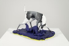 A cast resin figurine of a hound who has hunted a fox, which in turn has hunted a goose is patinated in indigo, black and white by emerging … Image 3