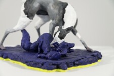 A cast resin figurine of a hound who has hunted a fox, which in turn has hunted a goose is patinated in indigo, black and white by emerging … Image 7