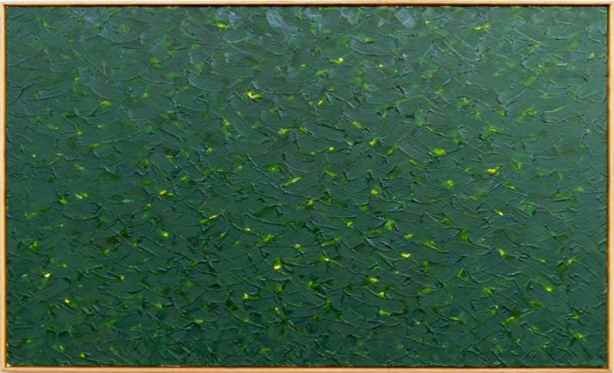 A velvety dark green reminiscent of a forest’s canopy dominates the canvas in this abstract piece by Noreen Taylor.