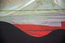 A rich black ground undulates at the horizon where it meets geometric passages of crimson, ochre, grey, white, peach below a moss green and … Image 2