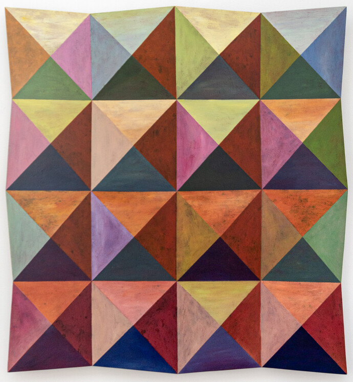 A kaleidoscope of vivid colours form triangular patterns in this engaging contemporary work by Parvis Djamtorki.