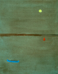 This abstract painting of a lake was rendered in minimalist form by Pat Service.