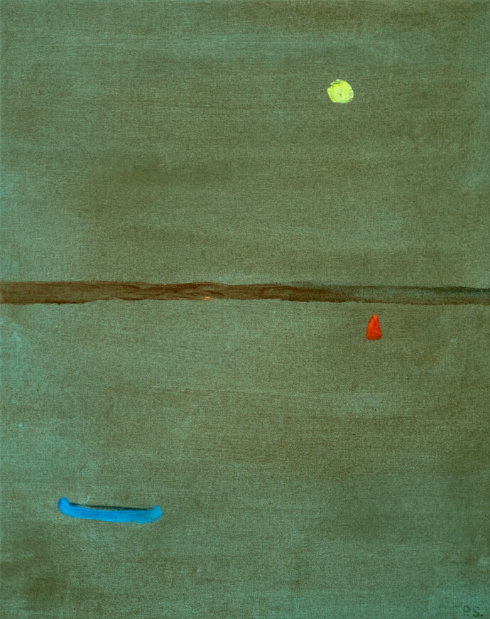 This abstract painting of a lake was rendered in minimalist form by Pat Service.