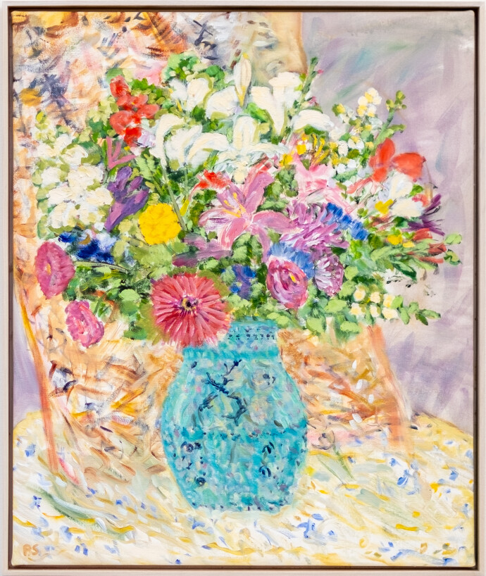 Two bouquets become one to create a lavish brightly coloured arrangement in this floral still life by Pat Service.