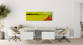 This minimalist abstract painting of a landscape offers a pop of the colour red. Image 8