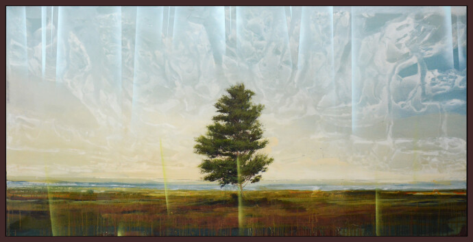 A lone, iconic tree stands against a vast, glowing sky in this large scale landscape painting by Peter Hoffer.