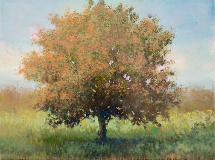 This impressionistic landscape painting of a tree is by a Canadian artist.