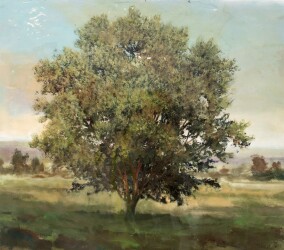 This contemporary mixed-media landscape featuring an elm tree is by Peter Hoffer.