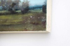 A wide summer plain, dotted with distant trees and atmospheric mountains meets a hazy sky in this acrylic and resin painting on board. Image 7