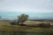 A wide summer plain, dotted with distant trees and atmospheric mountains meets a hazy sky in this acrylic and resin painting on board. Image 6