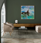 In this expressive and colourful large abstract painting by Rick Rivet, a whale swims In icy turquoise Arctic waters. Image 13