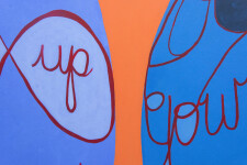 In this joyful, evocative abstract painting by Sandra Meigs the message in cursive is fun and engaging—wake up yourself! Image 6