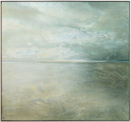 Rendered in a gray-blue palette, this abstract painting suggests the sea.