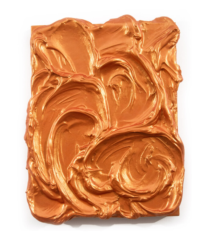 Glossy thick swirls of deep orange mimic the churning waters of a storm surge in this evocative work by Shayne Dark.