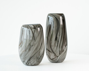 These black, white, grey, contemporary, hand-blown, glass vessels are made by Canadian artist Susan Rankin.