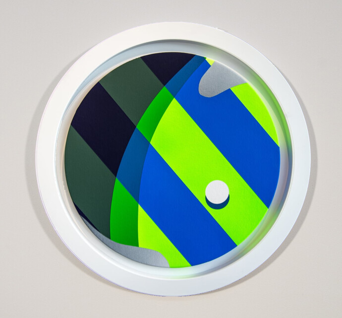 Lime green and purple pop from the canvas in this new tondo (circular painting) from Canadian artist Sylvain Louis-Seize.