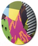 Colorful shapes and patterns -- pinstripes, marbling, chenille spots in pink, yellow, orange and green -- intersect in this dynamic tondo by… Image 2