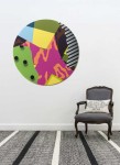 Colorful shapes and patterns -- pinstripes, marbling, chenille spots in pink, yellow, orange and green -- intersect in this dynamic tondo by… Image 6