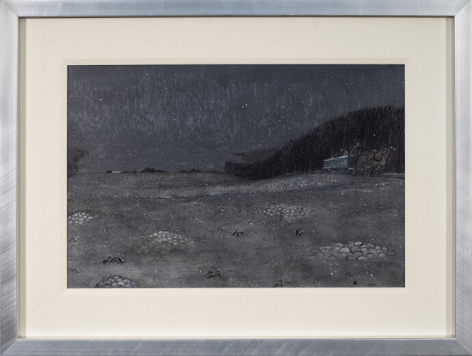 This moody realistic landscape set on the prairies is by the renowned Alberta-born artist William Kurelek.