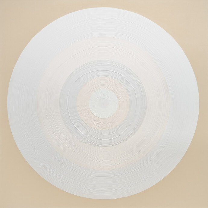 This dynamic contemporary circular painting in bright white is by Yvonne Lammerich.